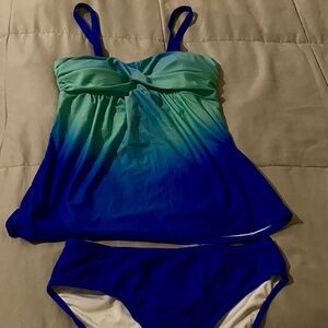 Tankini Top Green Blue Striped Womens Swimwear Size M